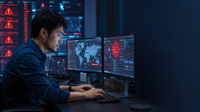 Cybersecurity Engineer Using AI Threat Detection Software in Advanced Security Operations Center