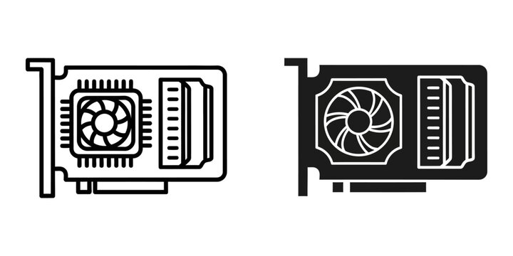 Computer graphics card icon in outline and solid styles for digital technology themes