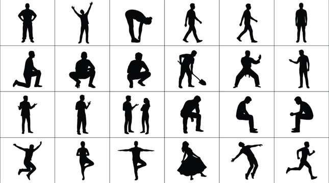 Human Pose Silhouette Grid Collection with Standing, Walking, Sitting, Running and Gesture Reference Vector Set