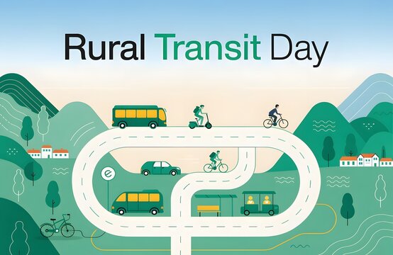 Rural Transit Day illustration with vehicles and landscape