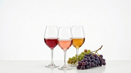 Fototapeta premium Three glasses of red, rosé, and white wine with fresh grapes on a white background