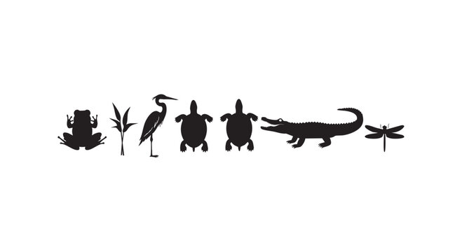 Collection of black silhouette animals including frog heron turtles alligator dragonfly bamboo on white background.
