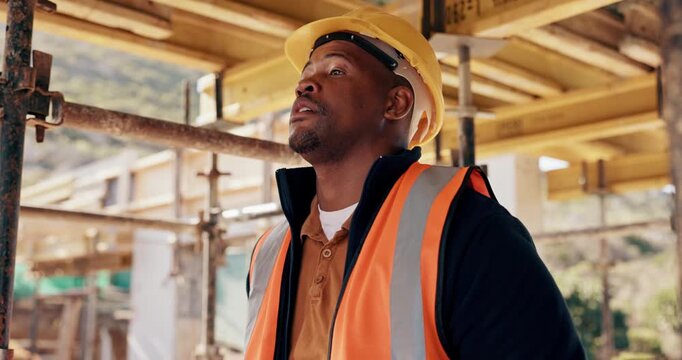 Construction, worker or check watch on site for late delivery, deadline stress or material shortage. Project manager, black man and time pressure outdoor for scaffolding delay, job setback or mistake