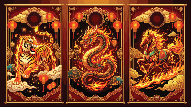 Majestic tiger dragon and horse figures glowing with bright fire inside traditional chinese ornate red scrolls