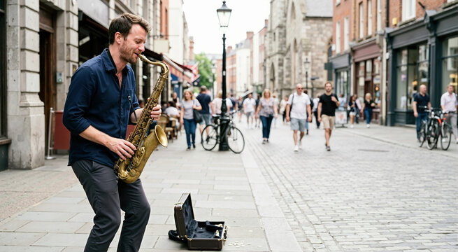 Male saxophonist playing music on a cobblestone pedestrian street. Urban street musician performing with an open instrument case for tips. City busking and cultural entertainment concept