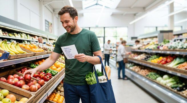 Smiling man reading a shopping list while buying fresh apples in a supermarket. Male customer with reusable bag selecting fruit in grocery store. Everyday errands and healthy eating concept