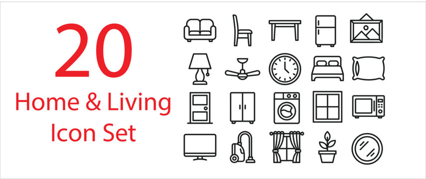 20 home and living icon set pack, simple monoline vector.