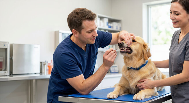 Veterinarian checking dog teeth in clinic. Professional vet team examining golden retriever health