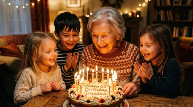 Happy 85th birthday Grandma celebrated with her grandchildren and a festive cake