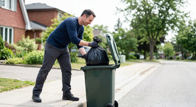 Smiling adult man taking out the trash in a suburban neighborhood. Caucasian male putting a black garbage bag into a green wheelie bin on the street. Household chores and waste management concept