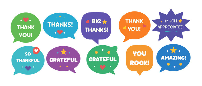 Thank You Speech Bubble Collection, Gratitude Message Stickers, Appreciation Quote Badge Vector Set