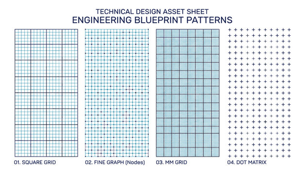 Engineering blueprint patterns vector asset sheet comprising square grid fine graph millimeter and dot matrix layouts on transparent background.