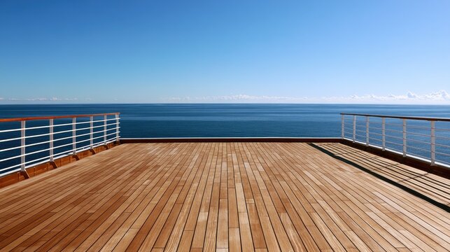 Expansive wooden deck on a vessel overlooks a calm, bright blue ocean under clear sky