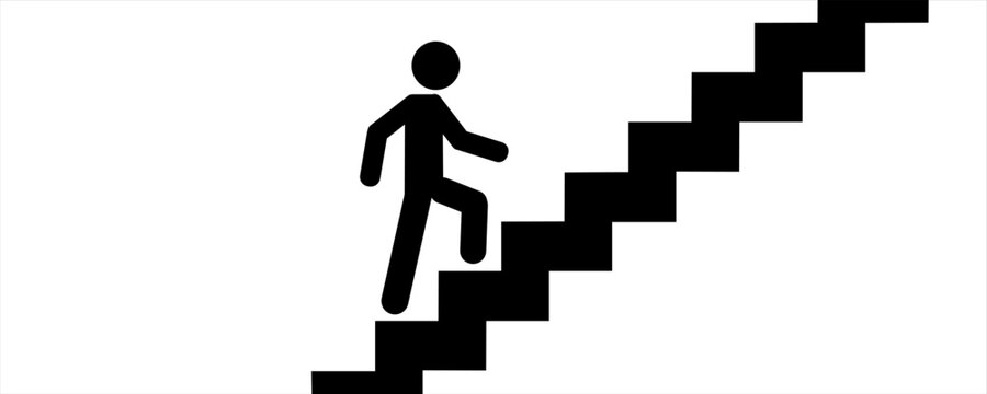 Stairs icon vector illustration, Up or down walkway ladder symbol sign, Man climbs the stairs, Climb Up Stair Sign Flat Icon Isolated, Walking up staircase or stairs sign in silhouette. warning sign.