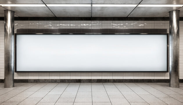 Empty horizontal billboard illuminated in a modern underground subway station, offering a clean, customizable space for advertisement, messaging, or branding displays