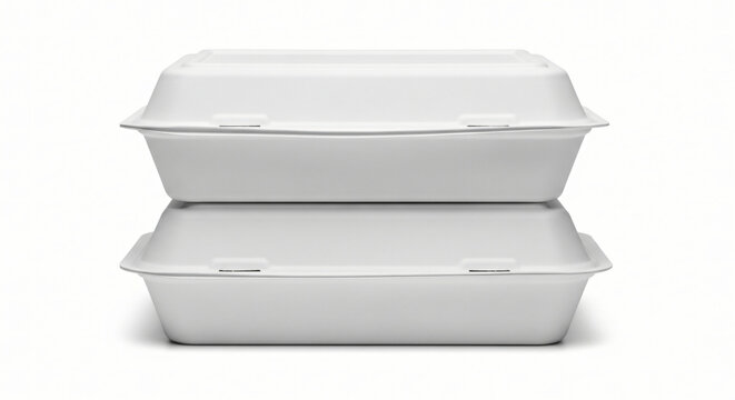 Empty white plastic food container box isolated and empty styrofoam lunch packaging with lid for storage and kitchen use