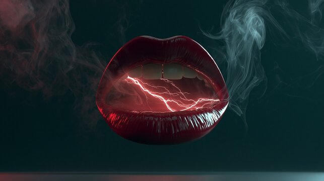 Glossy red open mouth in hyperreal 3D emitting electric lightning streaks and ethereal smoke against a moody dark gradient studio with striking rim lighting and ample copy space