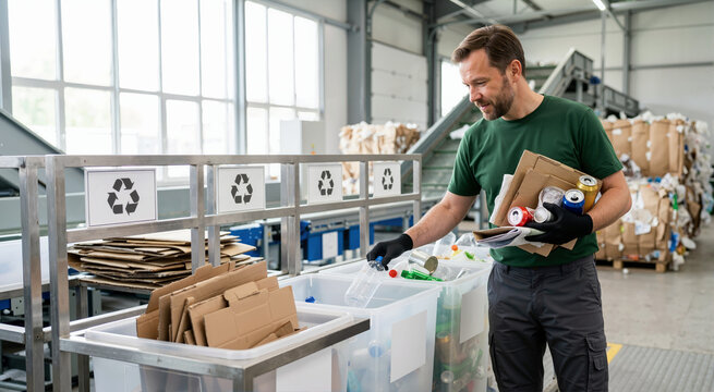 Worker sorting plastic bottles and cardboard packaging at a recycling center. Male employee separating waste materials for ecological sustainability