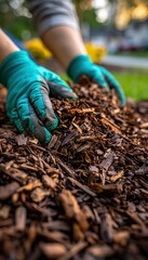 Obraz premium Gloved hands spreading mulch around young ornamental tree in garden