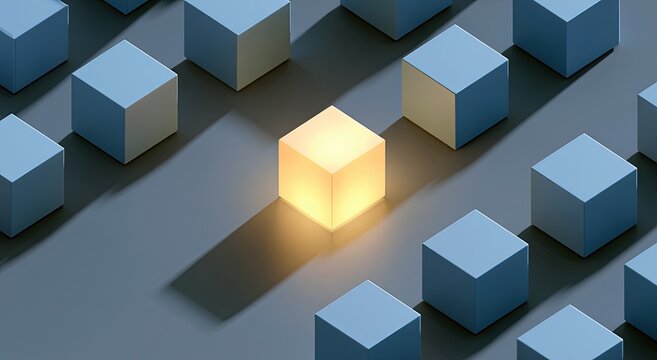 One glowing cube stands out among many muted ones in a patterned arrangement