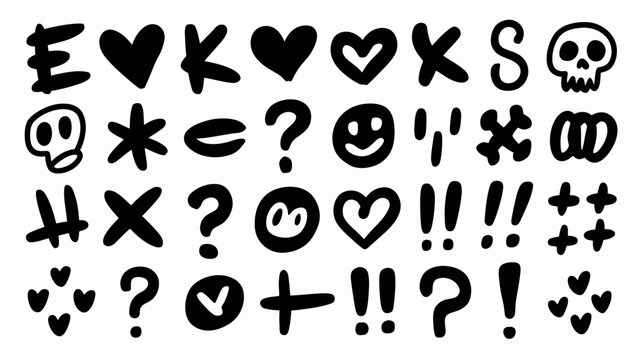 Black hand-drawn doodle icons set with hearts, skulls, question marks, and symbols