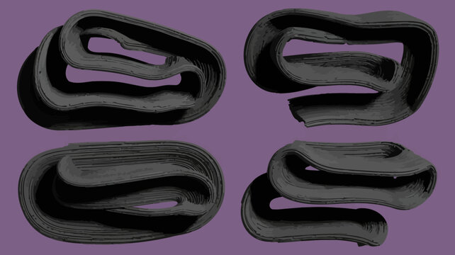 Black twisted rubber band or elastic band in different shapes and angles