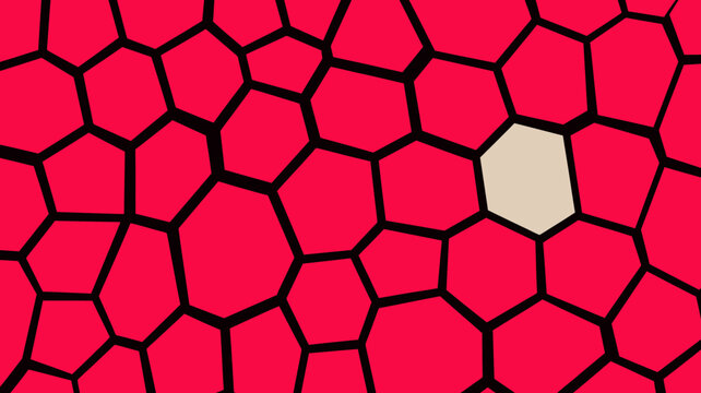 Hexagonal cell structure with one missing magenta polygon in a seamless pattern