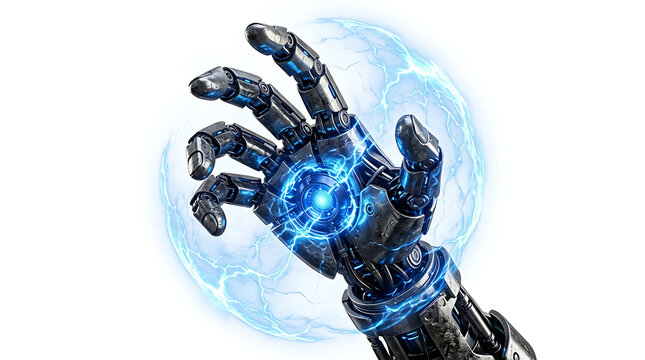 Mechanical hand with blue energy glow isolated on white background, futuristic technology concept