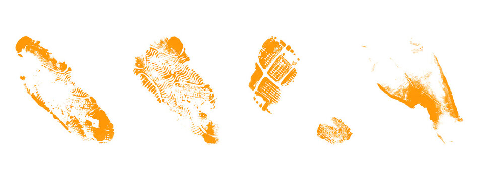 Orange footprint and shoe prints on transparent background, diverse footwear impressions indicating human activity and movement, isolated graphic elements for design.