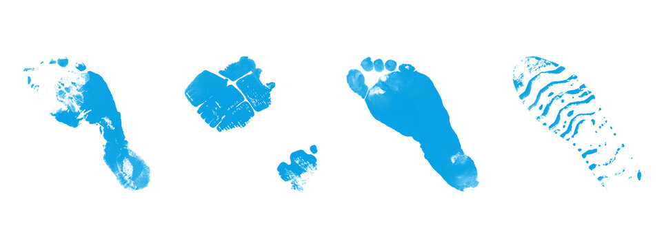 Blue footprint and shoe prints on transparent background, diverse footwear impressions indicating human activity and movement, isolated graphic elements for design.