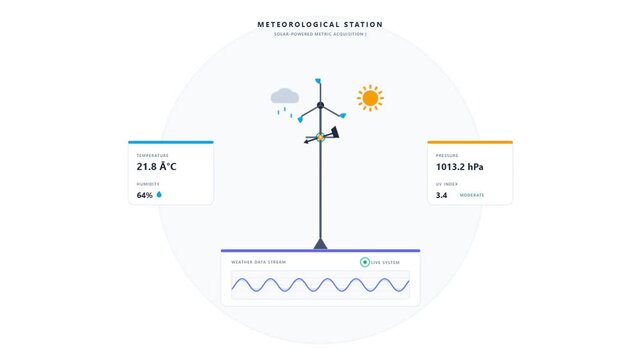Animated meteorological station displaying real-time weather data and solar-powered metrics