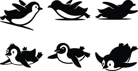 A penguin sliding on its belly with tiny flippers stretched outward bundle silhouette icon vector art illustration © MohammadZiaul