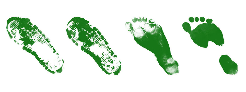 Green footprints and shoe marks set isolated on transparent background useful for forensic investigation crime scene tracking human walking paths path step direction green.