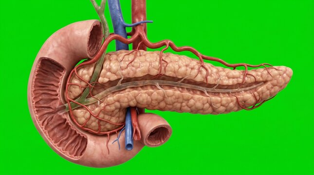 Detailed 3D medical illustration of human pancreas anatomy in vibrant green background