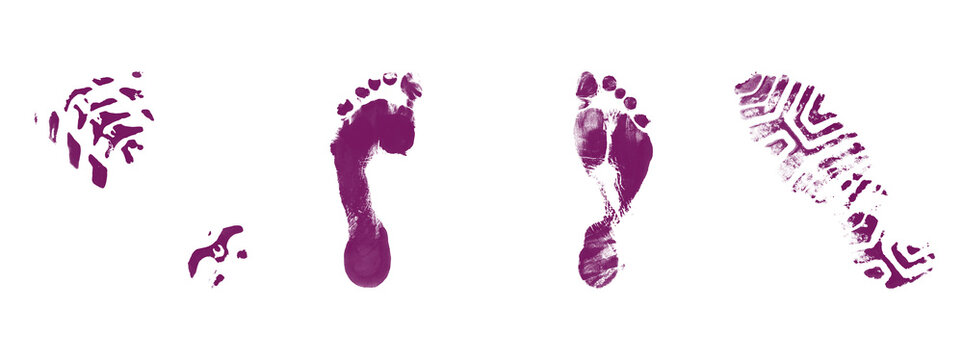 Set of human footprints and shoe prints on transparent background, variety of detailed bare foot soles, boot imprints, and footwear traces.