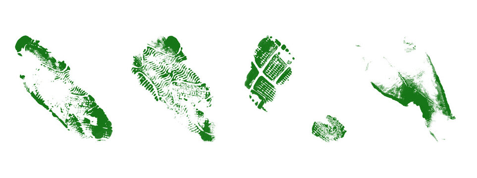 Green muddy shoe sole prints and boot tracks on transparent background isolated footwear tread patterns set for outdoor adventure exploration and path finding concept art.