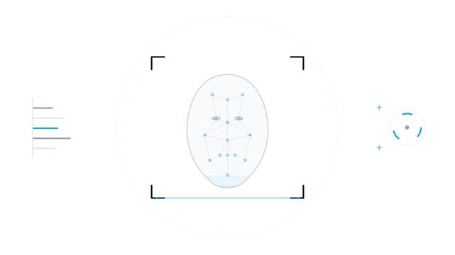 Facial recognition biometric scan animation with digital HUD interface on white background for security and identification.
