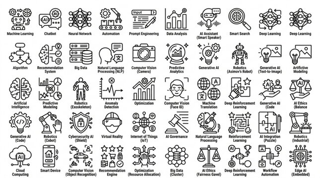 A collection of various business and technology icons are shown in a grid.