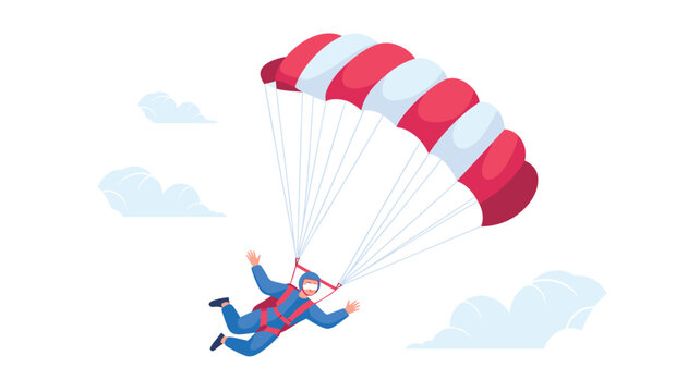 Vibrant red and white parachute canopy carries a pilot through a clear sky with soft clouds in this dynamic and colorful illustration.