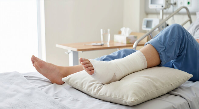 Patient with broken leg in white cast resting on pillow in hospital bed. Orthopedic injury recovery and medical treatment