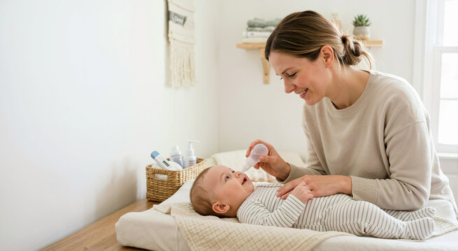 Mother using a nasal aspirator on her baby. Infant healthcare and caregiving