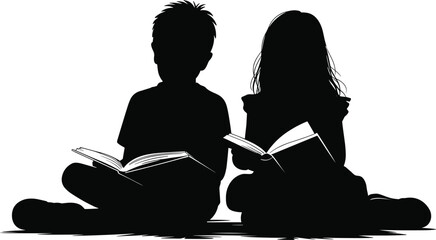 Silhouettes of a boy and girl sitting together reading open books on a white background children © MdMominur