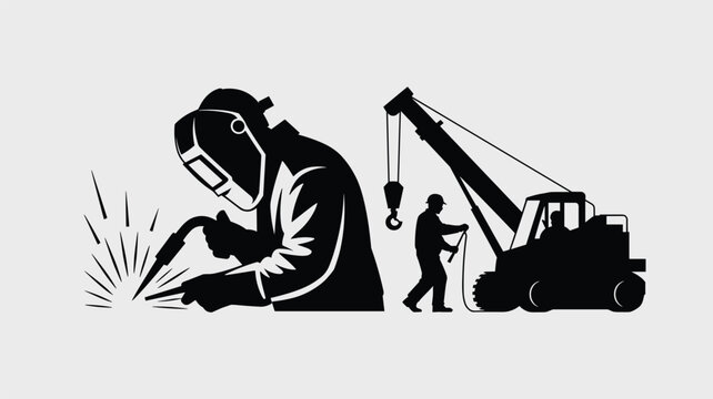 A welder creates sparks while working near a crane operator in this industrial silhouette illustration set on a light grey background.