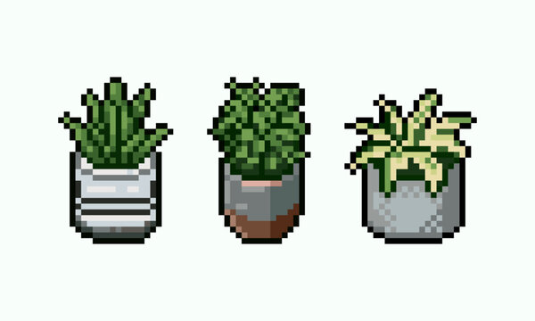 Pixel art of potted ornamental green plants and foliage, perfect for RPG game UI, retro video game asset, and pixel interior design elements.