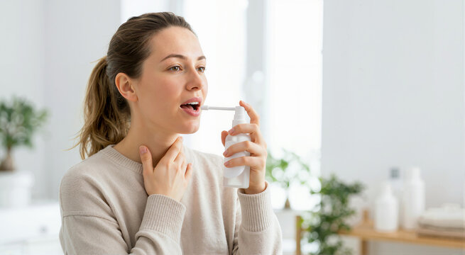 Woman using throat spray for sore throat relief. Healthcare at home
