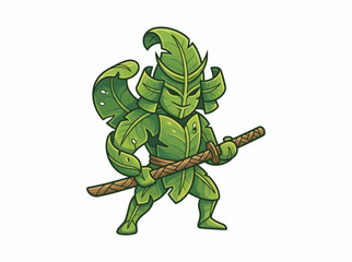 Fototapeta premium Green Leaf Warrior Samurai Character Holding Katana Sword