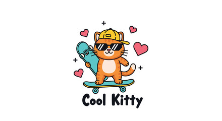 Fototapeta premium Cartoon illustration of a cool orange tabby kitty wearing a yellow baseball cap and dark sunglasses while standing on a blue skateboard.