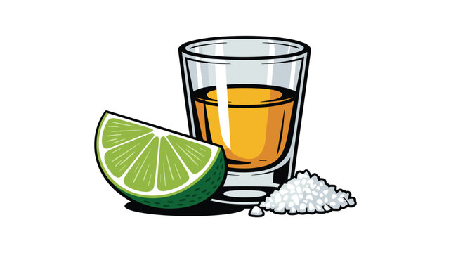 A single shot glass filled with golden tequila accompanied by a fresh lime wedge and a small pile of white salt crystals on display now.