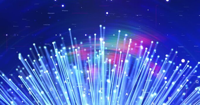 Network server data transfer background with neon blue fiber optics. Loopable Abstract Background Animation.
