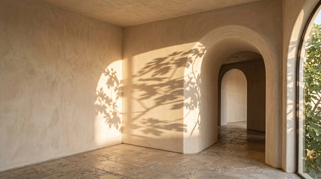 Luxury Mediterranean Architectural Interior Corner with Arched Passage, Botanical Window Shadows and Warm Sunlight Background